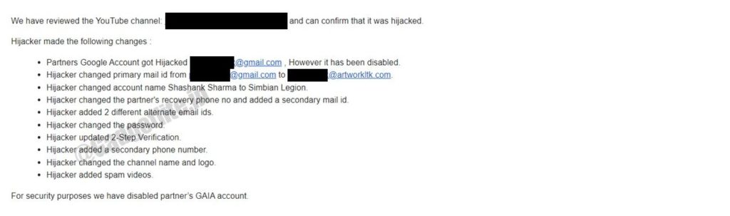 google support reply on hacking